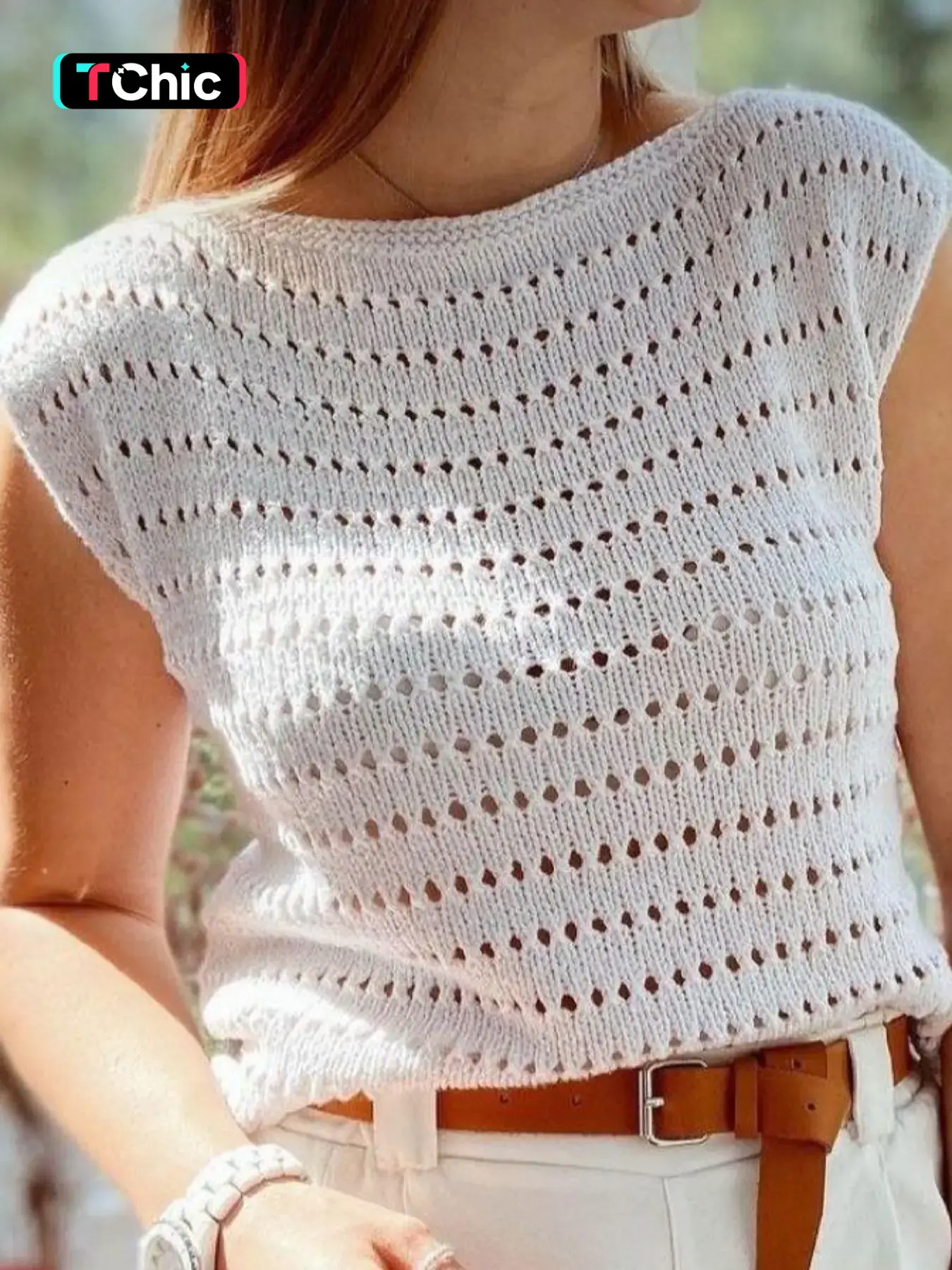 Women's Knit Sleeveless Jumper Vest, Hollow Out Textured Breathable Boat Neck Design, Loose Fit Slimming, Casual Summer Outerwear or Single Wear Solid, Fitted, Womenswear, Tops