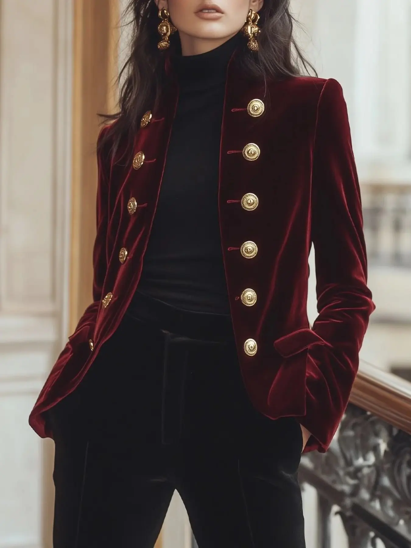 Women's French Court Style Elegant Velvet Blazer, Stand Collar Double Row Metal Button Fitted Vintage Short Suit Jacket