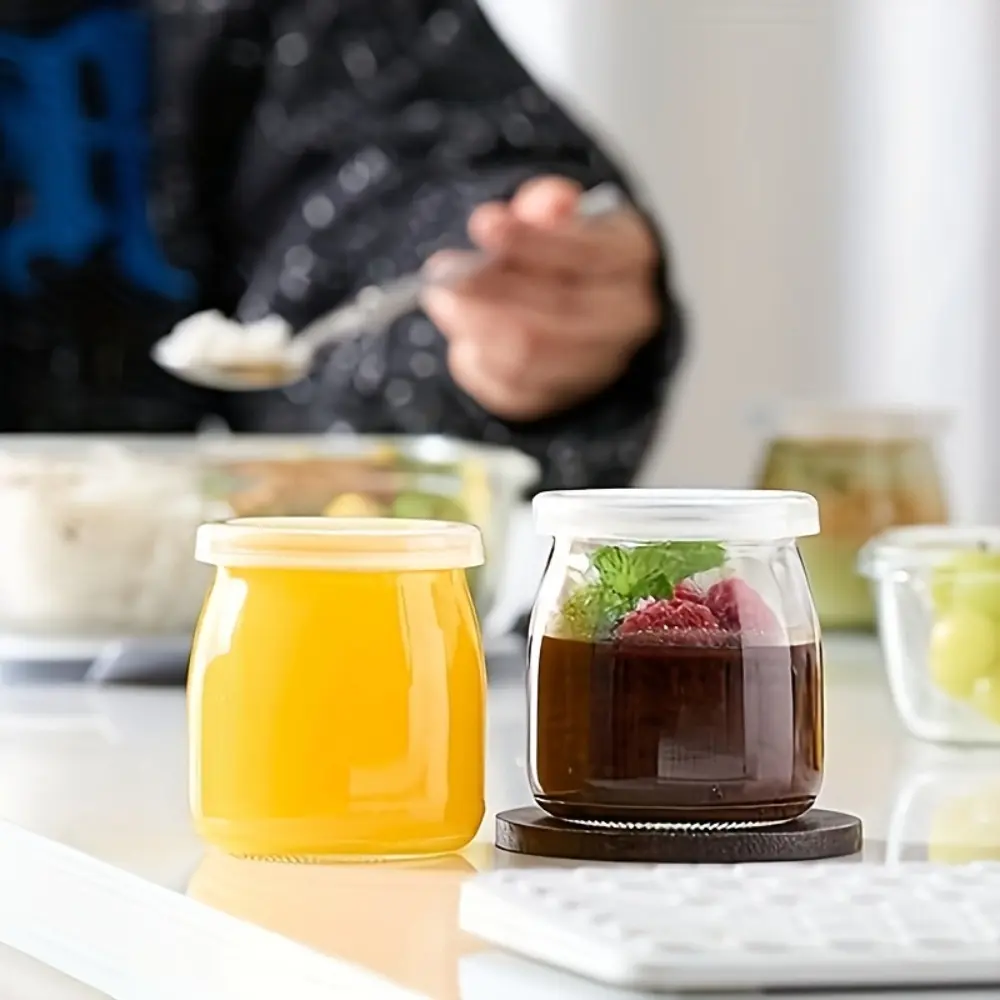 6 plastic lid yogurt pudding glass jars, reusable mini transparent glass bottles for overnight oats, spices and jam, Reusable Food Container, Glass Storage Container