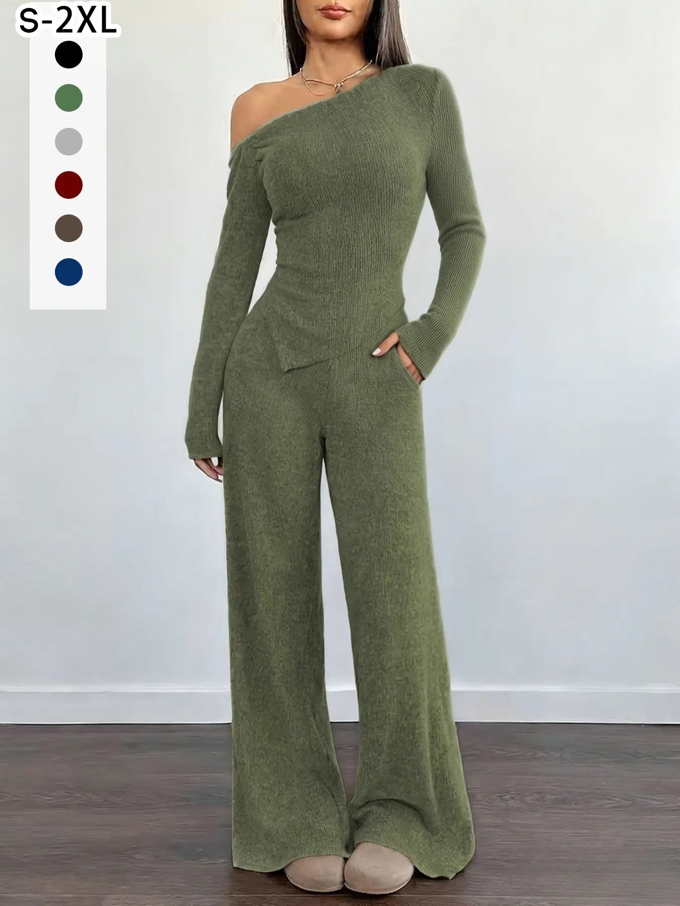 Women's Two-Piece Set, Autumn Long Sleeve Striped Pajama Set, Soft Sleepwear Loungewear, Slim Fit Asymmetrical Top, Pocketed Wide Leg Pants, Comfortable Fall
