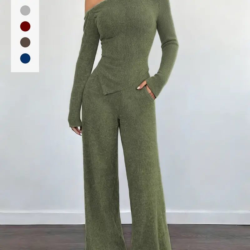 Women's Two-Piece Set, Autumn Long Sleeve Striped Pajama Set, Soft Sleepwear Loungewear, Slim Fit Asymmetrical Top, Pocketed Wide Leg Pants, Comfortable Fall