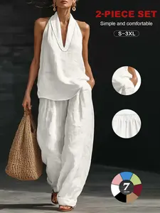 Womens Boho Two Piece Pants Set Halter Neck Sleeveless Crop Top and Wide Leg Pants Casual Chic Summer Vacation Beach Outfit Set for Women