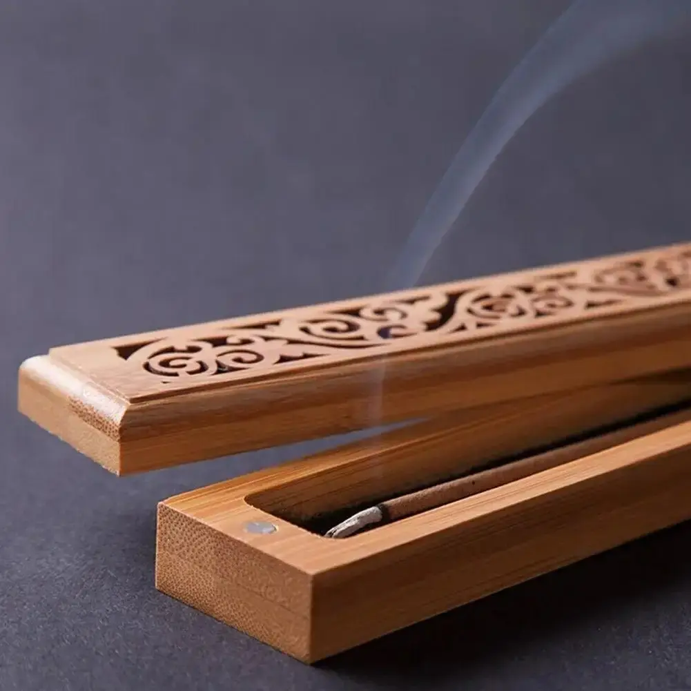 Natural Bamboo Incense Burner with Laying Plate, 45pcs Incense Sticks, Aromatherapy Wooden Box, Incense Storage & Burning, Hollowed Line Design