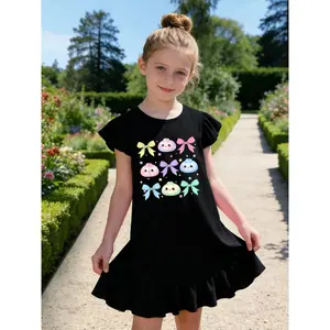 Kawaii Dumpling Cute Pastel Anime Dumpling Lovers Girls' Summer Flutter Sleeve Casual Dress - Soft, Durable, Easy-Care, Ideal for School & Outdoor Activities - Fast delivery from local warehouse little girl