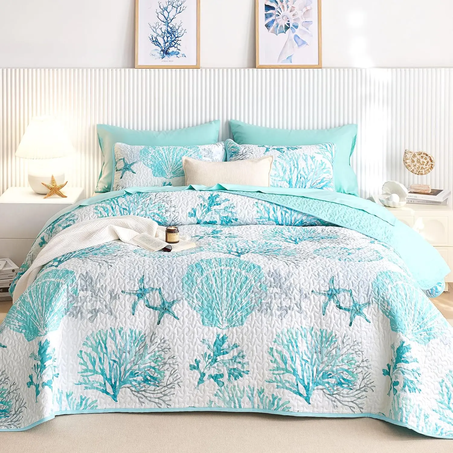 Queen/Full Size 3-Piece Reversible Lightweight Polyester Bedspread Coverlet Set, Coastal Nautical Ocean Beach Themed, Aqua Turquoise, for Bedroom Decor, 3 Pieces