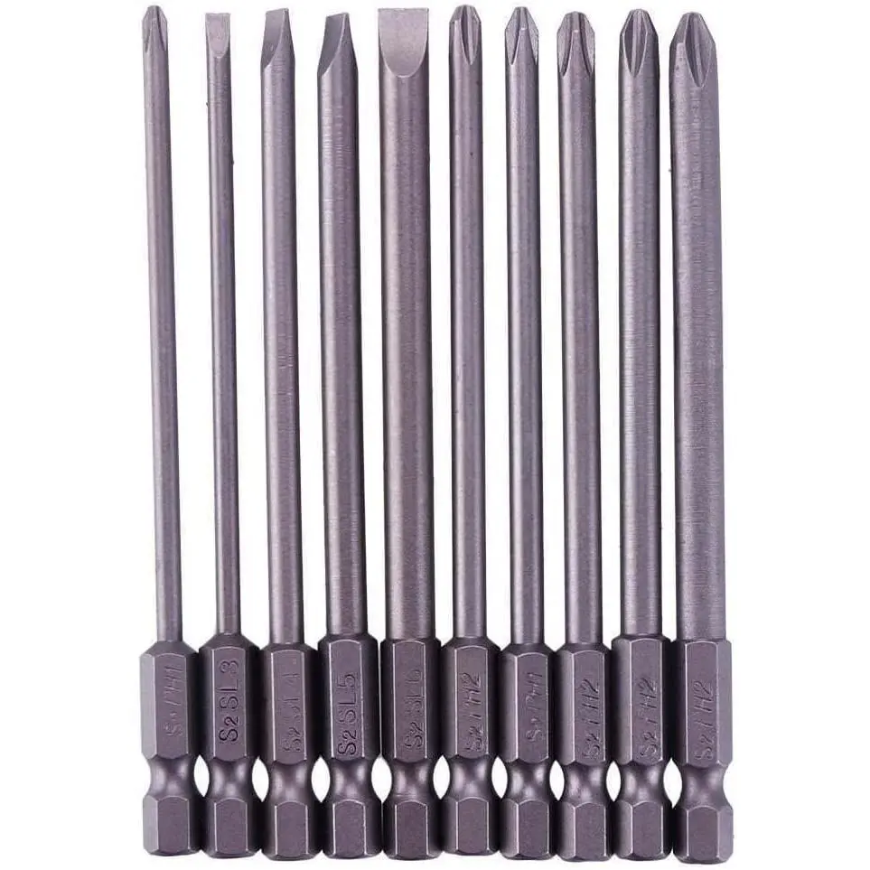 10-Piece Alloy Steel High Precision Magnetic Tip Screwdriver Bit Set, 1/4in Hex Shaft Long Bit, 4-in-1 Electric Tool Accessory with Slotted/Cross Heads