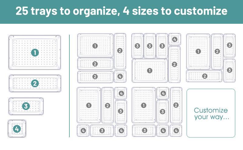 25 PCS Clear Plastic Drawer Organizer Set, 4 Sizes Desk Drawer Divider Organizers and Storage Bins for Makeup, Jewelry, Gadgets for Kitchen, Bedroom, Bathroom, Office Boxes Transparent