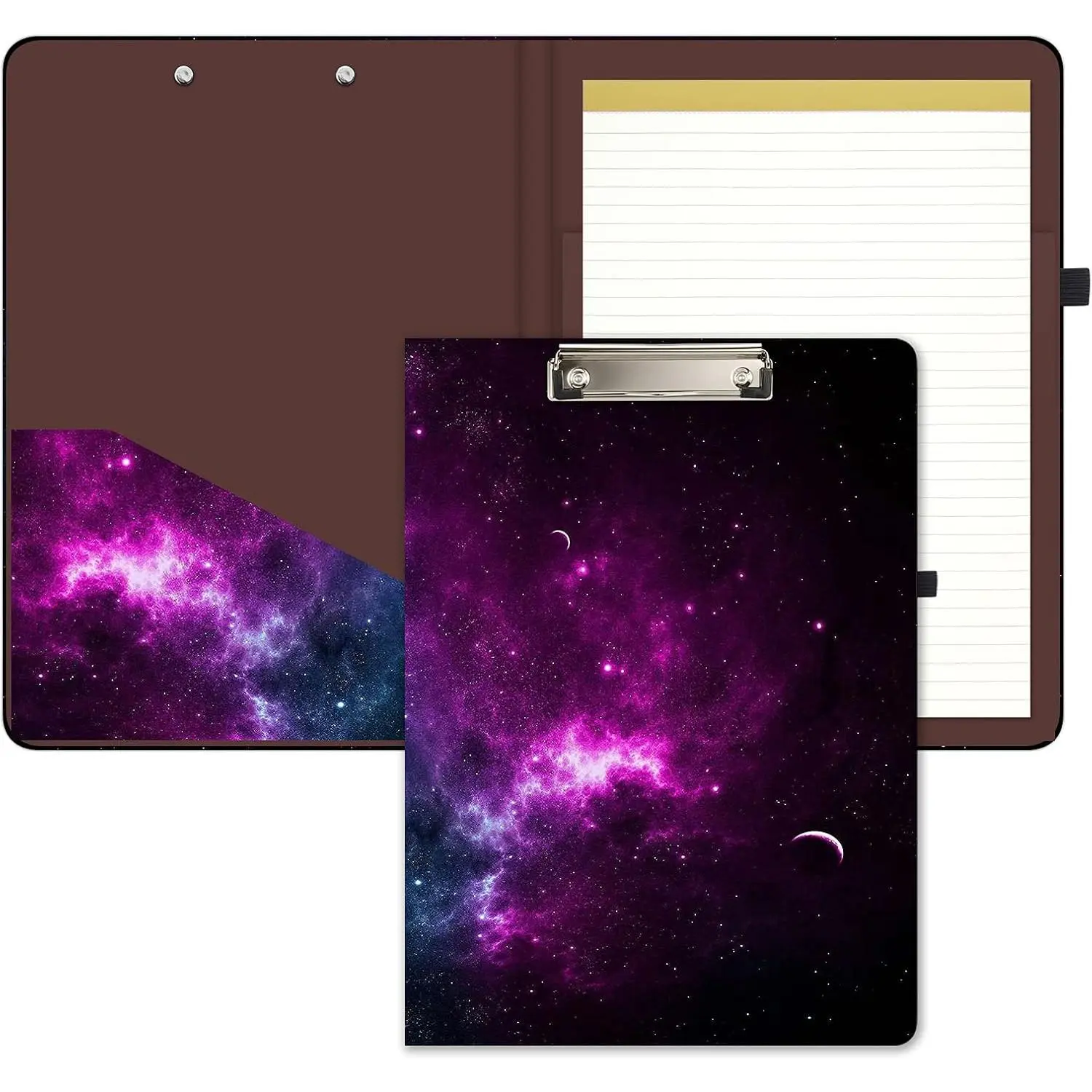 Modern Folio Clipboard with Refillable Lined Pad - 12.8x9.2" Folded Clip Board, Full Print, Gloss Laminate, Interior Pocket, 8.5x11 Size, Office Accessories for Students, Office Use, Cute Custom Moon Design