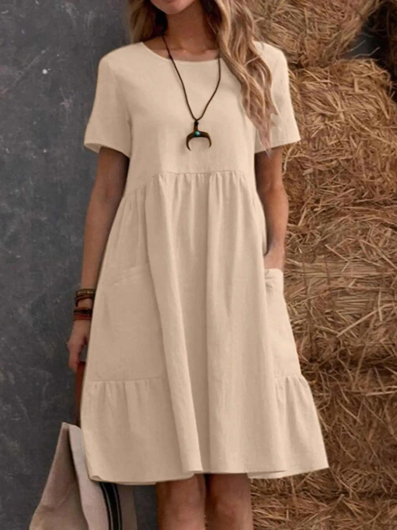 Summer Cotton Linen Casual Chic Midi Dress, Breathable Loose Short Sleeve, Round Neck Tiered Ruffle with Pockets, Comfy for Vacation Picnic Brunch