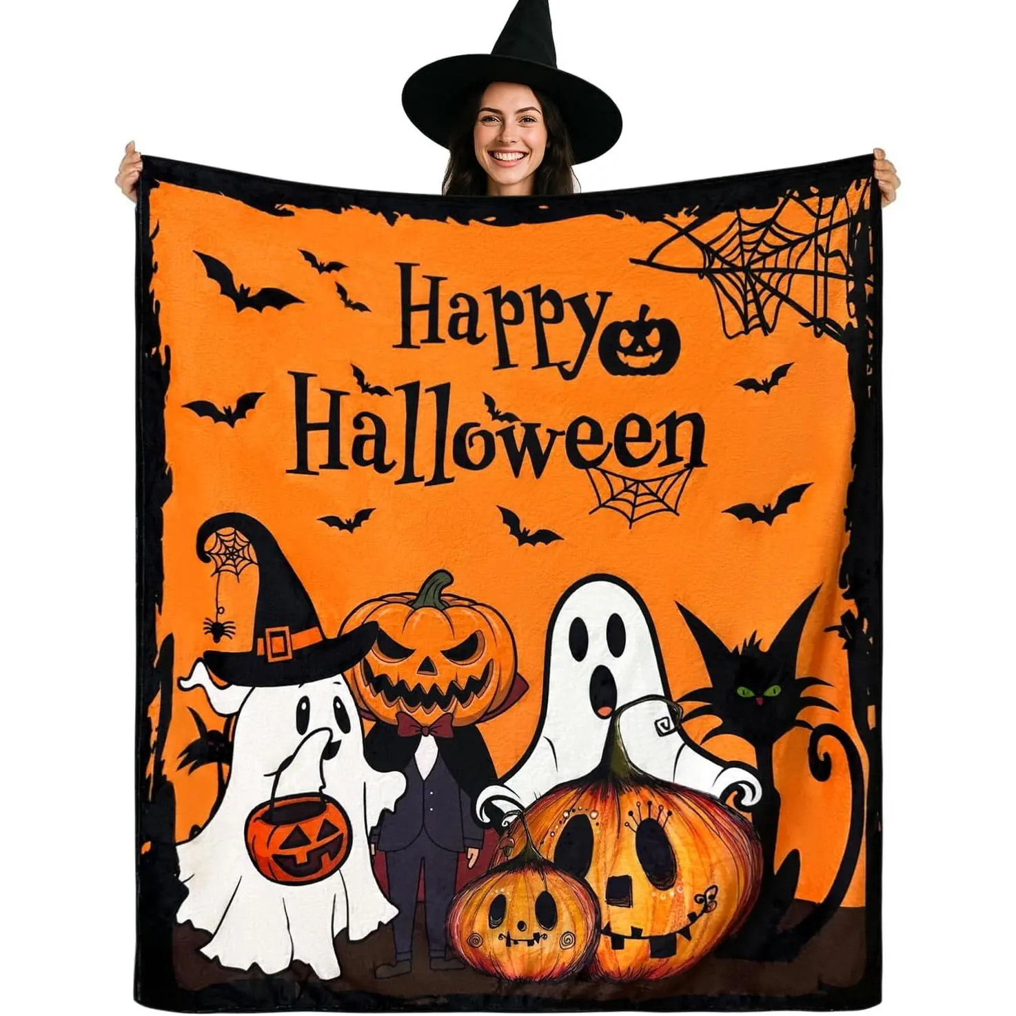 Orange Black Happy Halloween Flannel Blanket,Halloween Blanket for Boys Girls Kids Teens Adult Pumpkin Ghost Bat Witch Spooky Sofa Bed Throw Blankets Halloween Room Decor Gifts for Boys