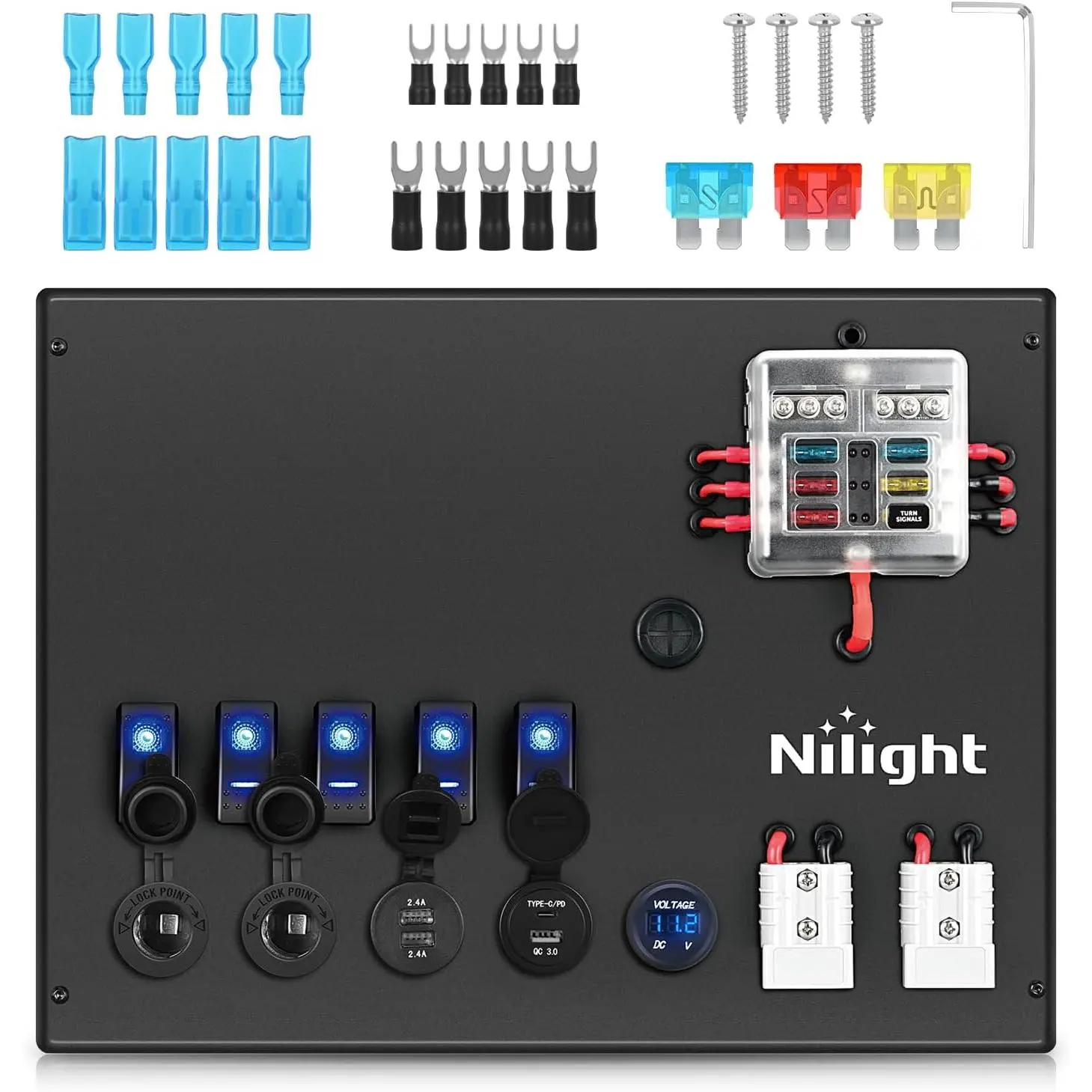 Nilight 12V/24V Dual Voltage Aluminum Waterproof Battery Power Control Box - Outdoor Camping Electrical System Center with Fuse Block, Switches, 12V Power Socket, LED Display Voltmeter, USB Charger, Anderson Connector for RV, Camper Trailer