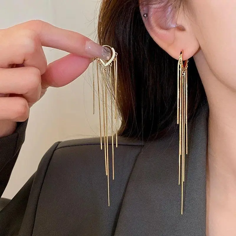 Tassel Drop Earrings for Women, Korean Fashion Long Metal Chain Jewelry with 925 Silver Needle Post