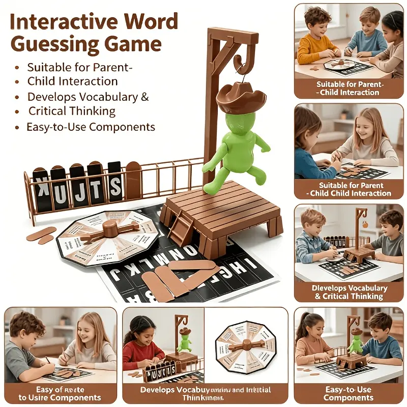 Parent- Interactive Gallows Word Guessing Game, Guess The Complete Word Based on Letters, Each Wrong Guess Lowers The Figure by One Level, Until "Hanged" Or The Complete Word Is Guessed
