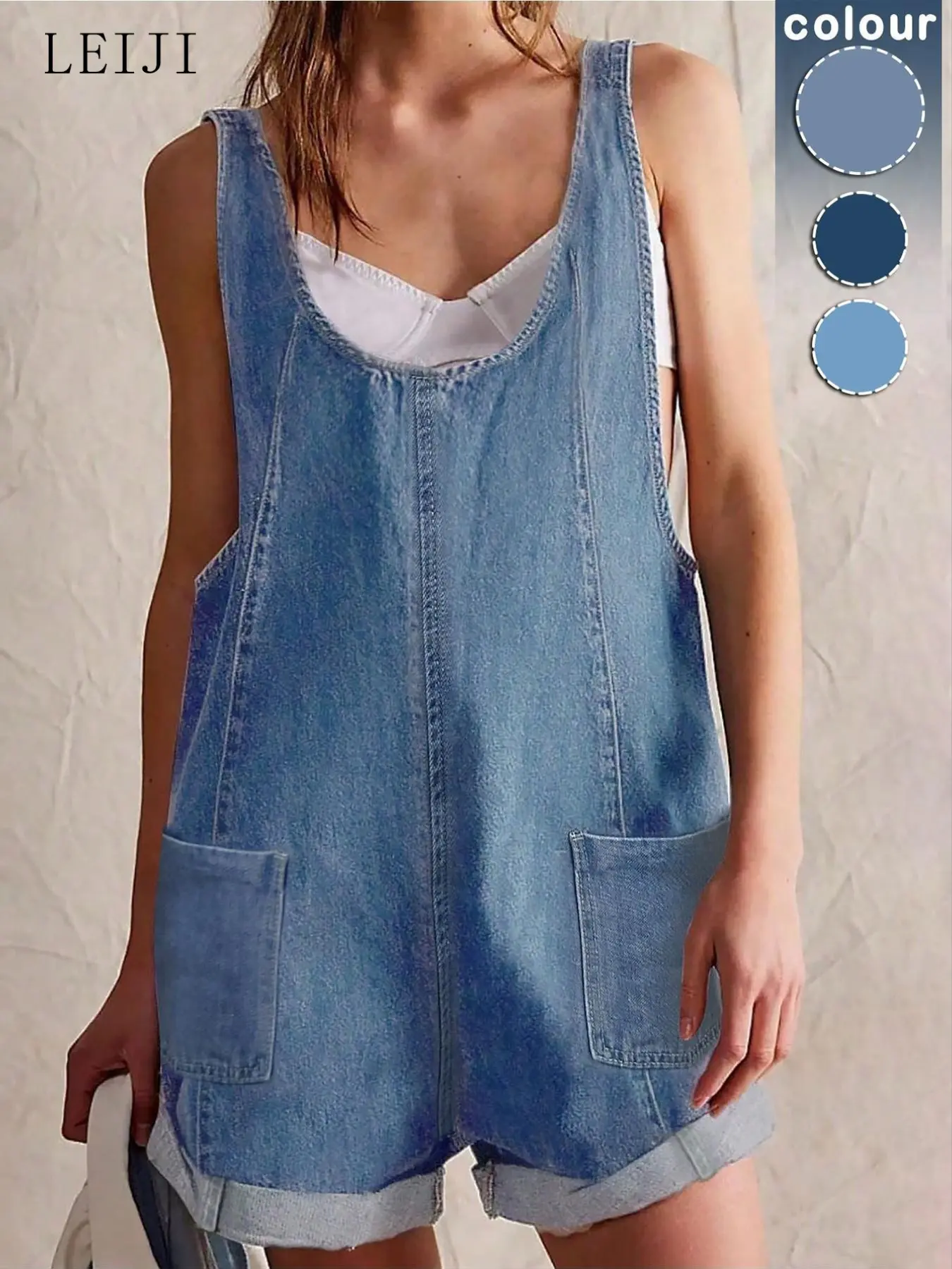 Women's Solid Color Denim Adjustable Short Straps Overalls, Casual Comfy Sleeveless Overalls  for Daily Wear, Ladies Clothes for Spring & Summer