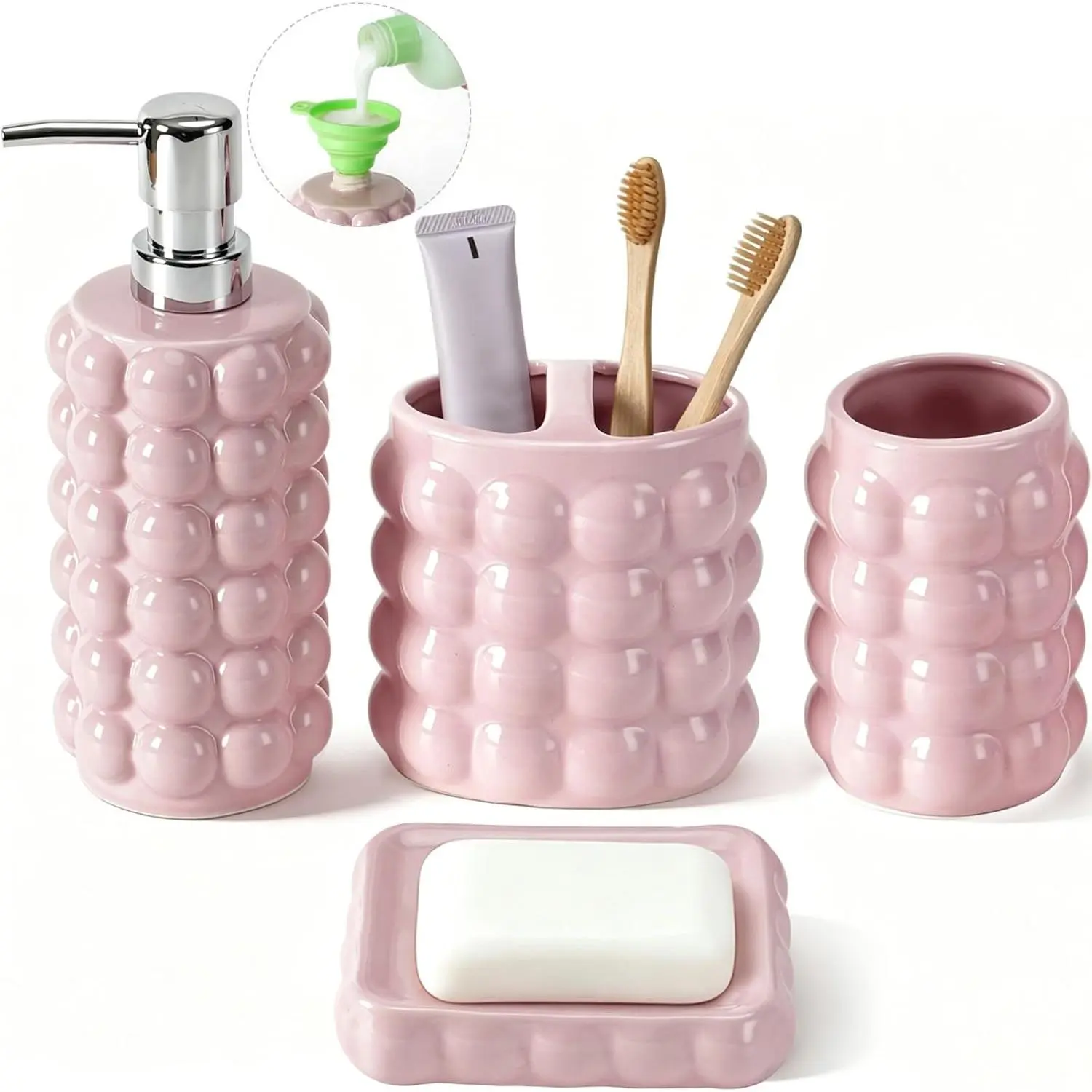 Durable Pink 4-Piece Ceramic Bathroom Accessories Set - Soap Dispenser, Toothbrush Holder, Tumbler, Soap Dish, Silicone Funnel, Non-Slip Modern Farmhouse Organizer, Bubble, Smooth, Water Resistant, Wipe Clean, Perfect Gift for Adults Housewarming Decor, W