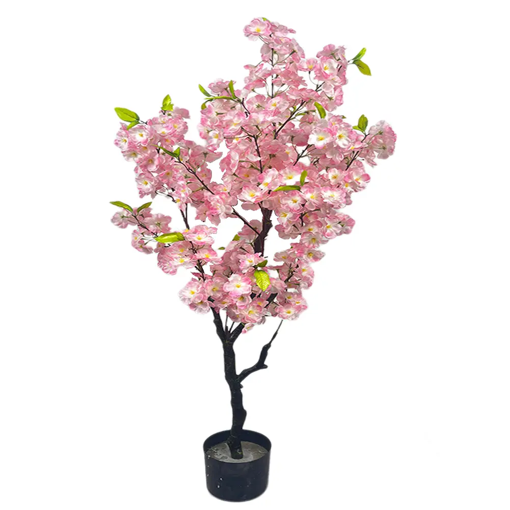 Pink Cherry Blossom Artificial Tree, Realistic Faux Flower Floor Plant with Silk Blossoms and Leaves for Home Living Room Office Décor