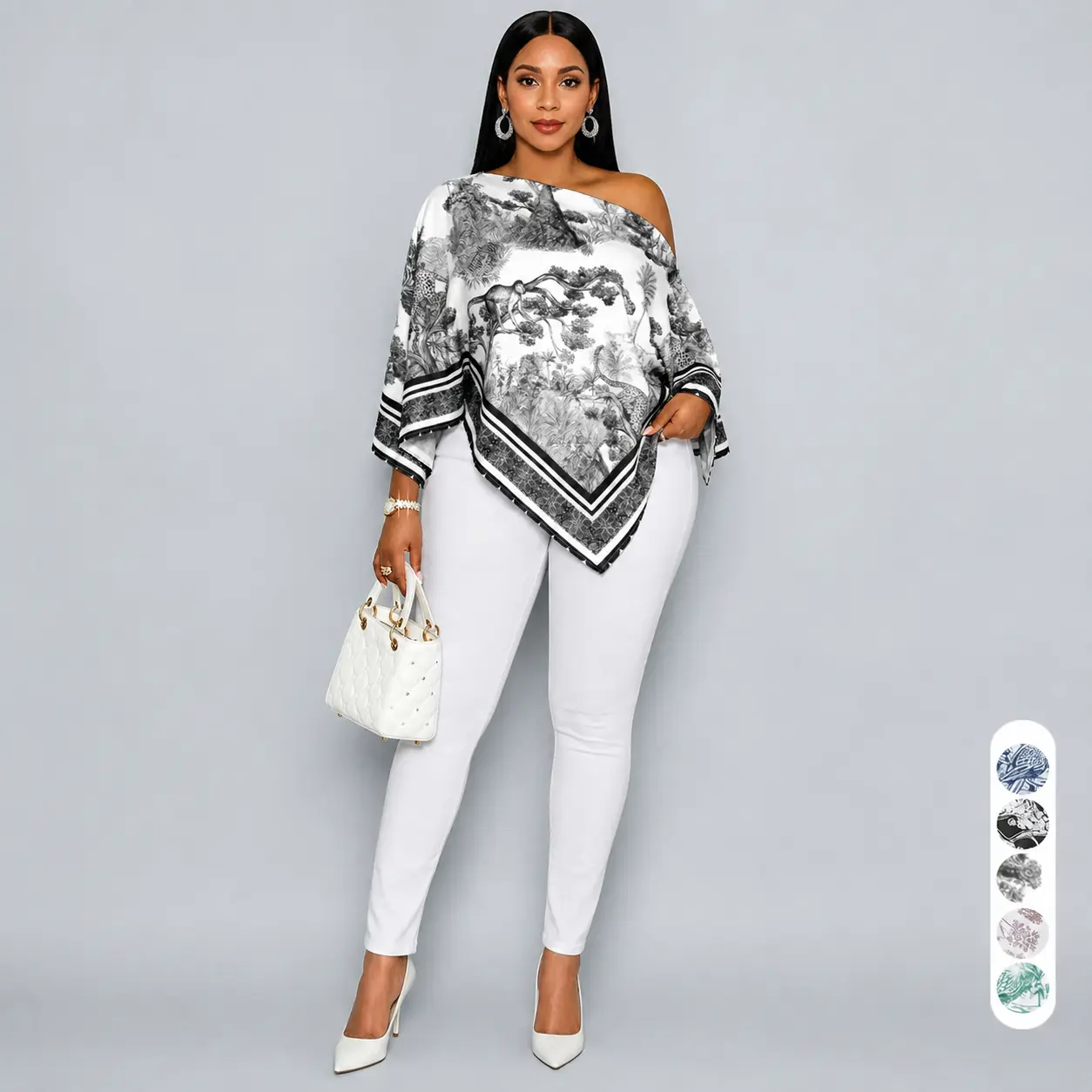 Plus Size New Summer Casual Elegant Women's Printed Blouse, Asymmetrical Hem Batwing Sleeves Loose Fashion Shirt, Versatile Daily Wear