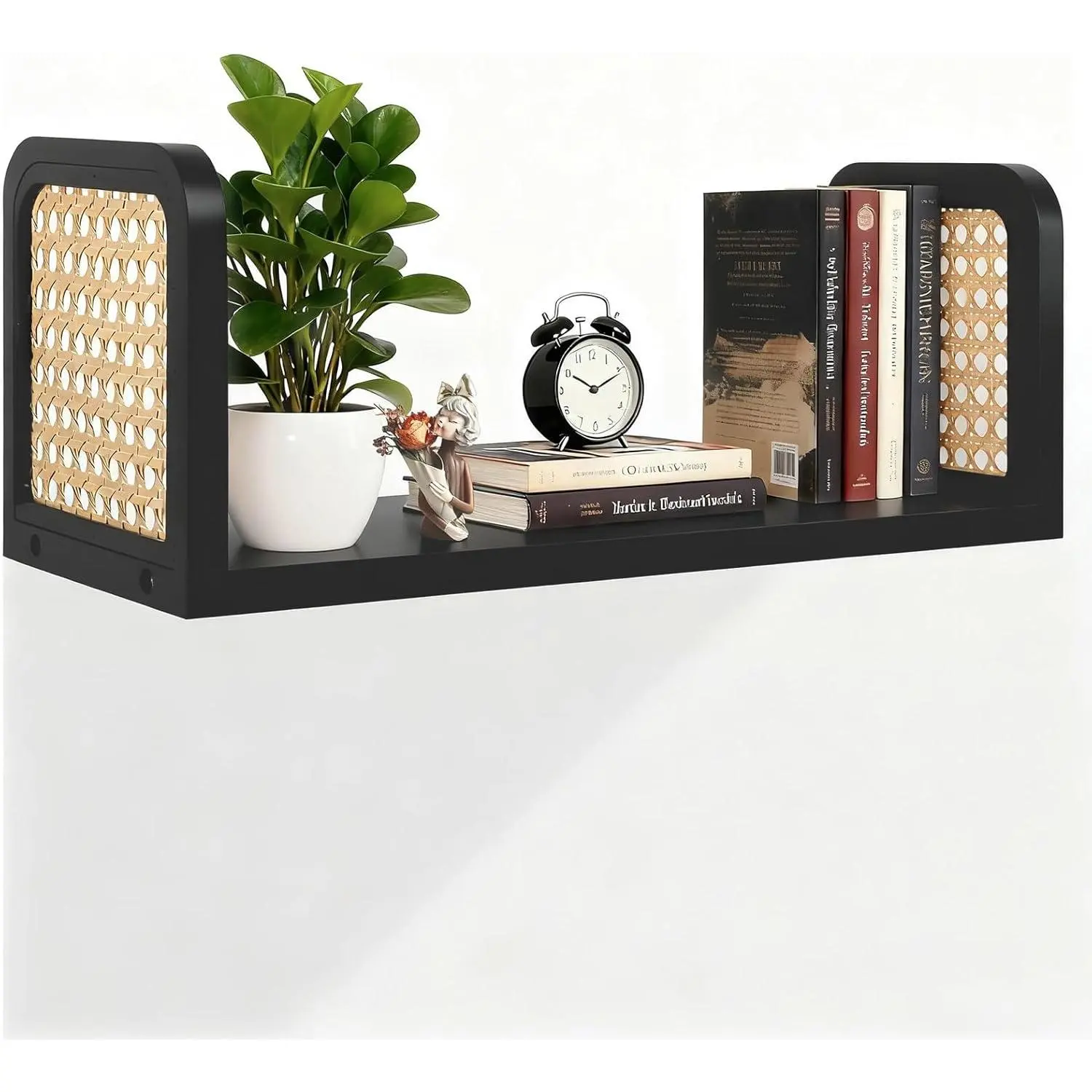Floating Shelves for Wall, Black Floating Shelves Shelf Decor, Nursery Book Shelves for Living Room, Rattan Wall Shelves for Bedroom, Wood Floating Shelve Organizer for