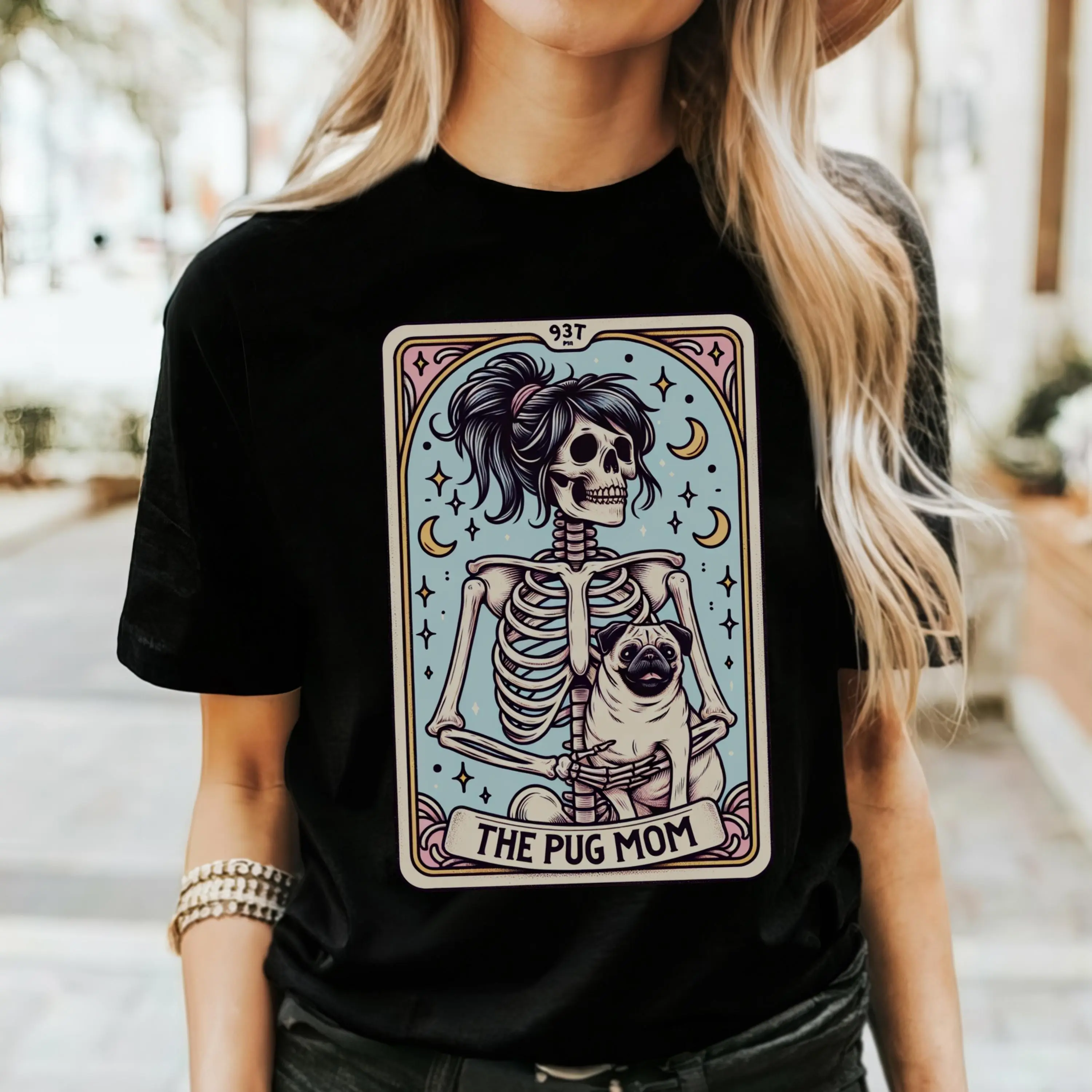 Pug Shirt, Pug Mom Tarot Card T-shirt, Pug Gift, Halloween Dog Shirt, Skeleton Pug Mom Tee, Gift for Pug Lover