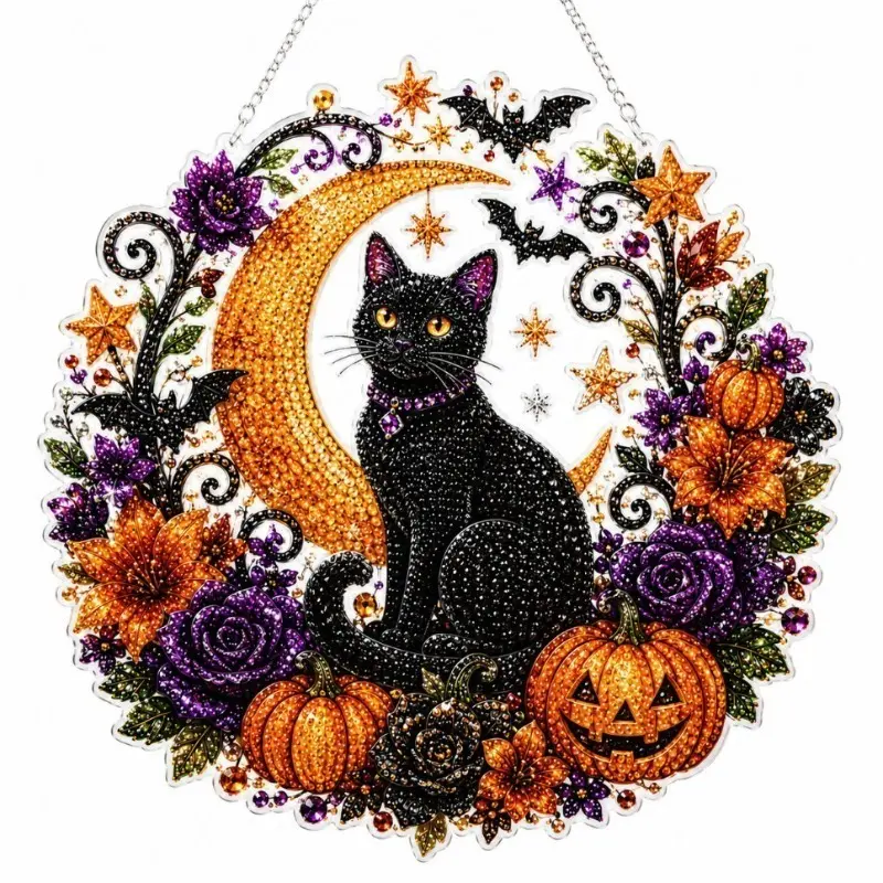 Halloween Diamond Painting Kit - Black Cat Moon & Skull Pumpkin Acrylic Art Set, DIY Paint with Diamonds for Kids Adults, Festive Craft Gift
