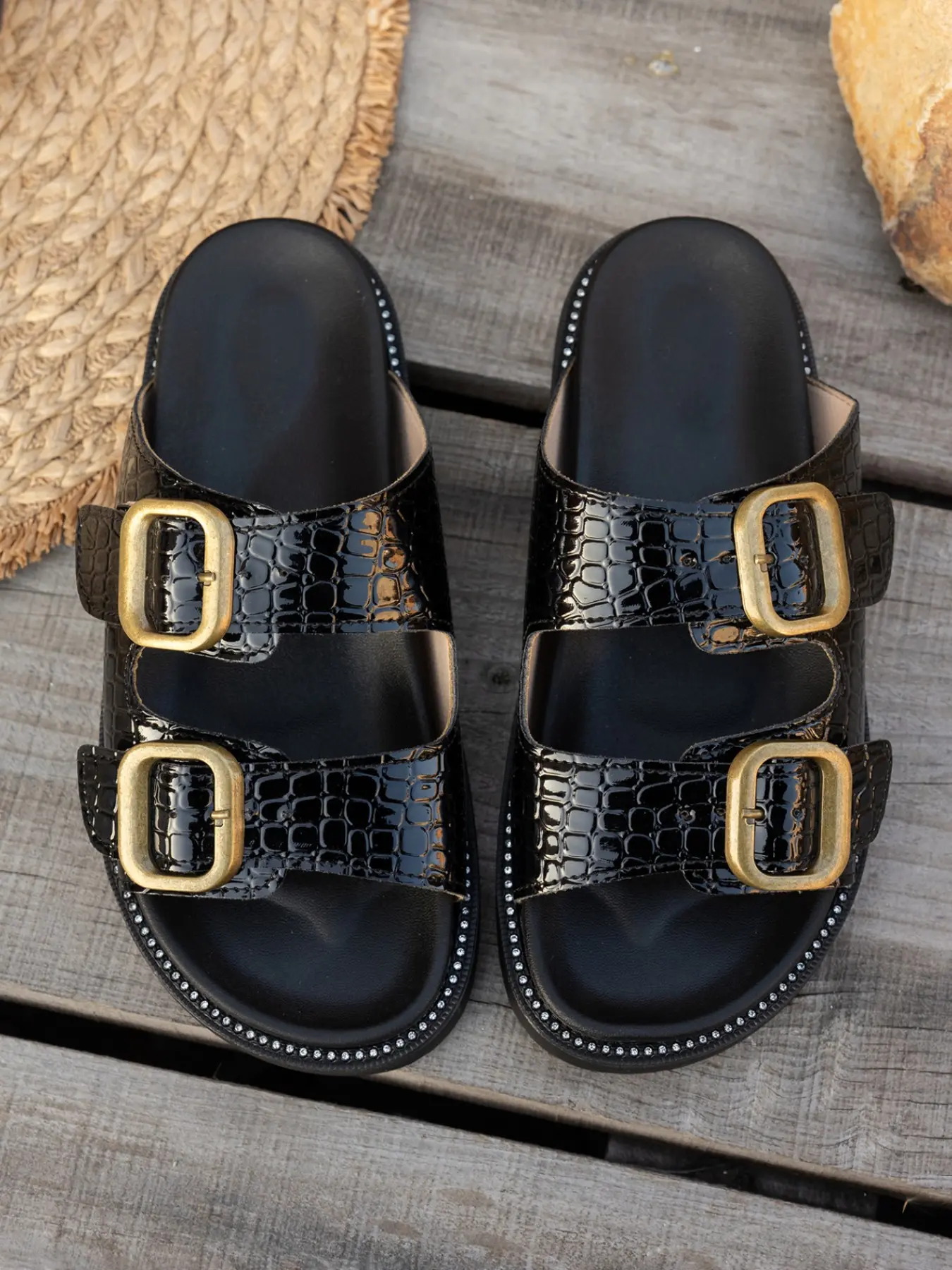 Women Croc Textured Double Buckle Platform Slide Sandals, Adjustable Strap Open Toe Slip On Slippers, Thick Sole Casual Summer Slides, White Black