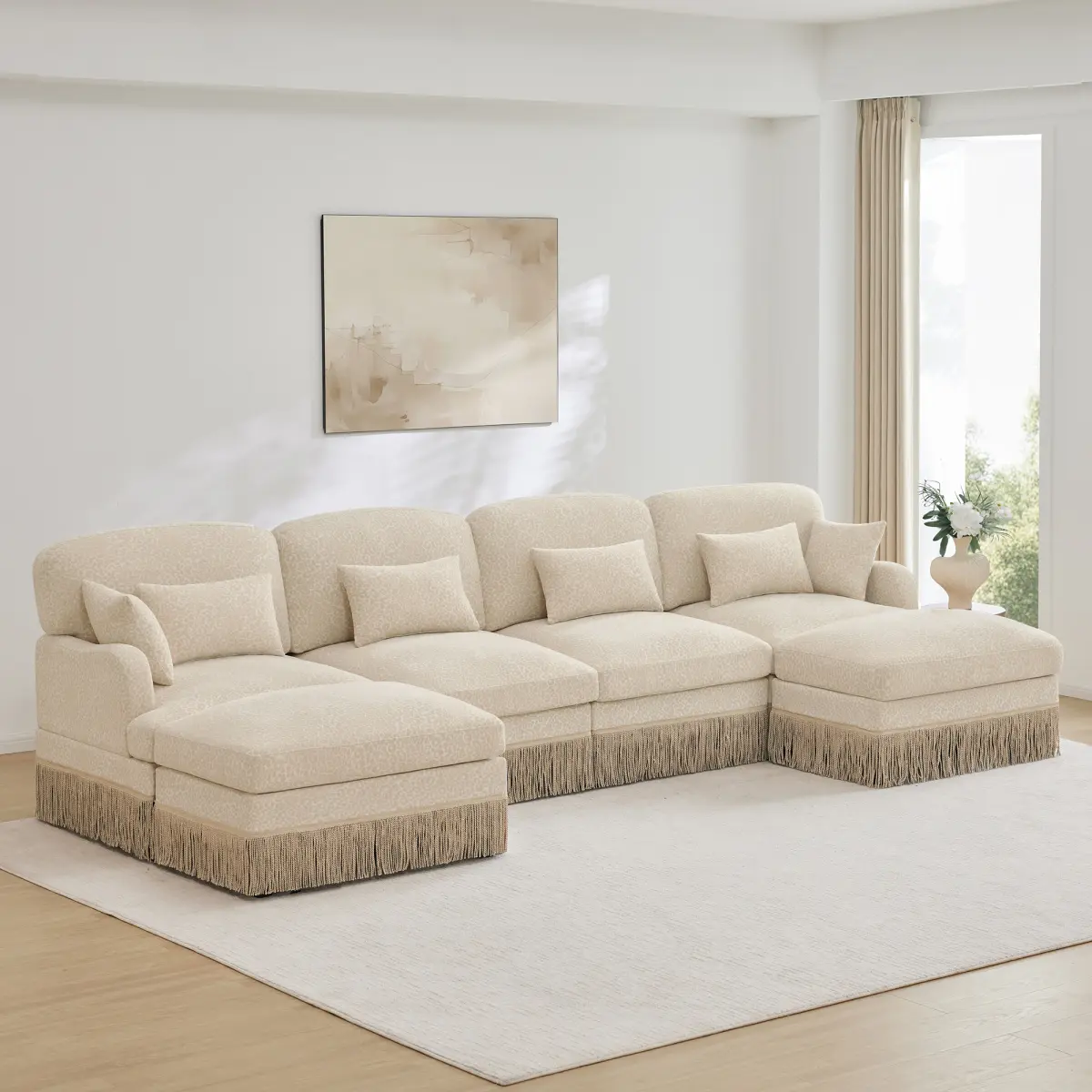 Aobtkel 131" Beige Chenille Leopard Print 4-Seat U-Shaped Sofa - Delicate Tassel Edge, Movable Ottomans, Ergonomic Backrest, Deep Seat, Easy Assembly, Modern Style Living Room Modern Lounge Home Decor Furniture, Modern Lounge Furniture