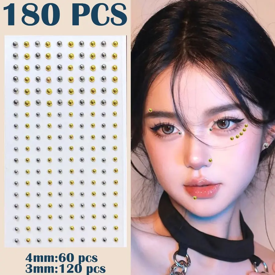 Face Gems Lip Stud, Halloween, Fake Piercings y2k Accessories Nose Stud Eyebrow Stud, Non Piercing Nose Stick on Silver Belly Button Sticker, Face Sticker Ring Cool Punk Y2K Makeup for Women Men