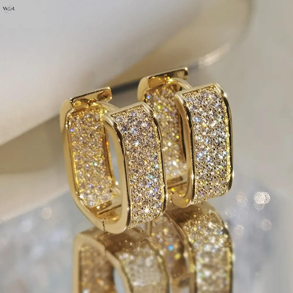 Women's 16x6mm Full Micro Pave Cubic Zirconia Rectangular Huggie Hoop Earrings, Copper Base Anti-Tarnish Plated Chunky Square U-Shape Click Lock Clasp Pierced Jewelry, 6 Colors (Gold, Rose, Silver, Black, Pink Crystal, Minimalist Sparkly), Crystal Cover