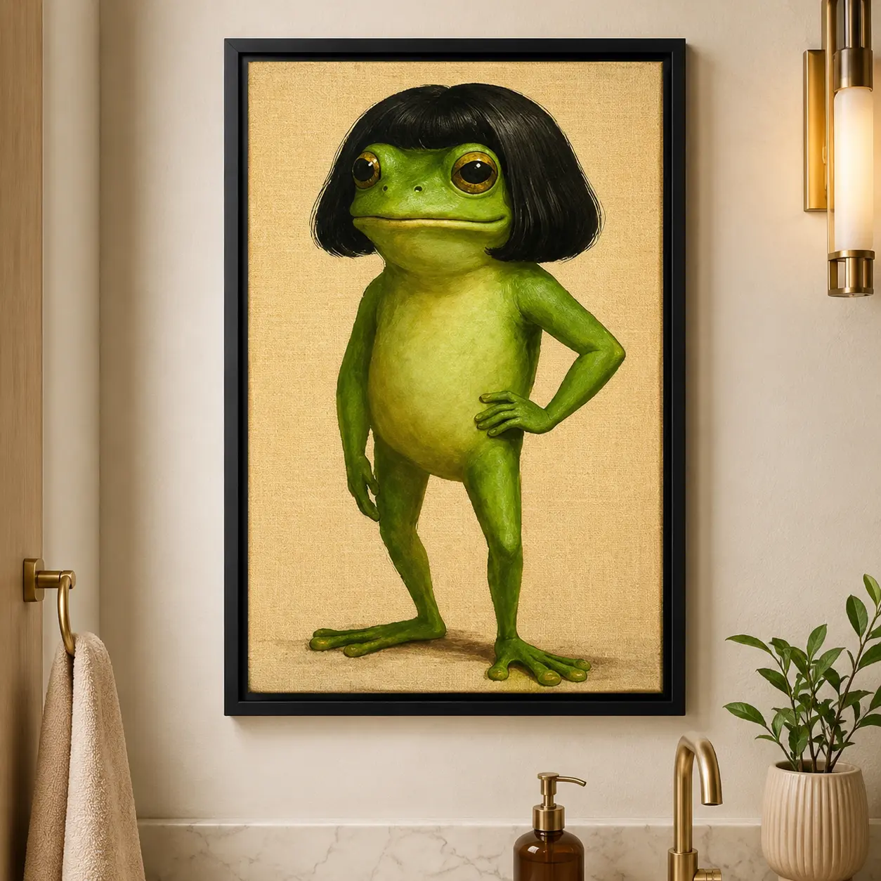 Whimsical Frog Portrait Canvas Poster Funny Animal Abstract  Mimalist Green  Funny Frog Poster Art Print Bob Haircut Kids Playroom Decor Frog Lover Gift Unique Wall Art quirky wall decor opossum humor artwork funny poster unique art decor posters tiktoksh