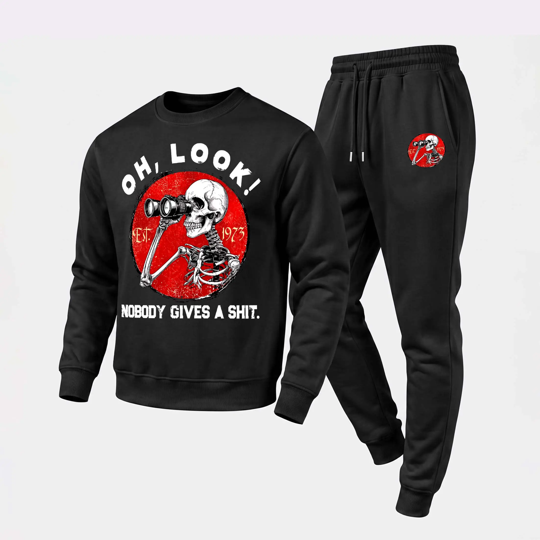 Men's “ The Telescope's Skull ” Sweatshirt and Jogger Pants Set, Casual Long Sleeve Pullover with Drawstring Sweatpants, Fall Winter Tracksuit for Daily Wear, Travel, Lounge, Workout and Indoor Outdoor Activities