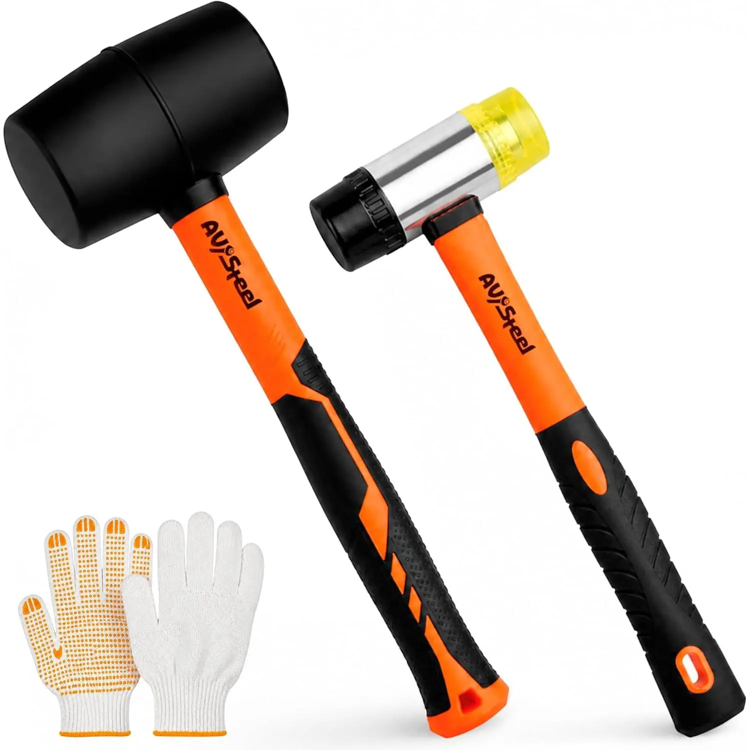 2-Pack Mallet Set, 16oz & 33mm-Faced Soft Mallet with Replaceable and Glove, Fiberglass Handle, Damage-Free for Flooring, Tile, Woodworking