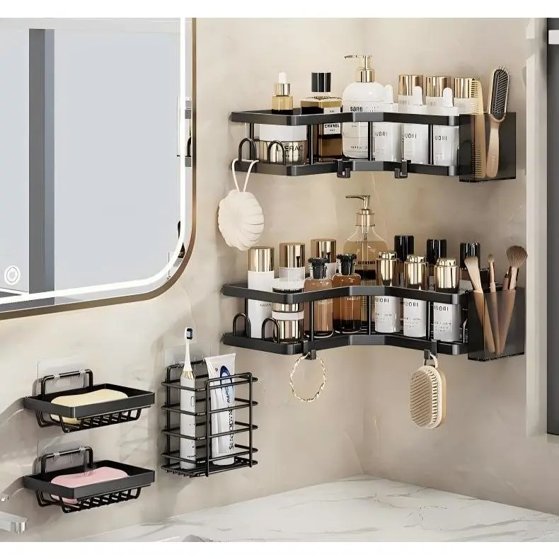 5pcs Waterproof Adhesive Wall Mount Stainless Steel Bathroom Storage Rack - No Drilling Installation, Large Capacity, Includes Soap Dish & Toothbrush Holder, Versatile Storage for Bathrooms, Kitchens, Dorm Rooms