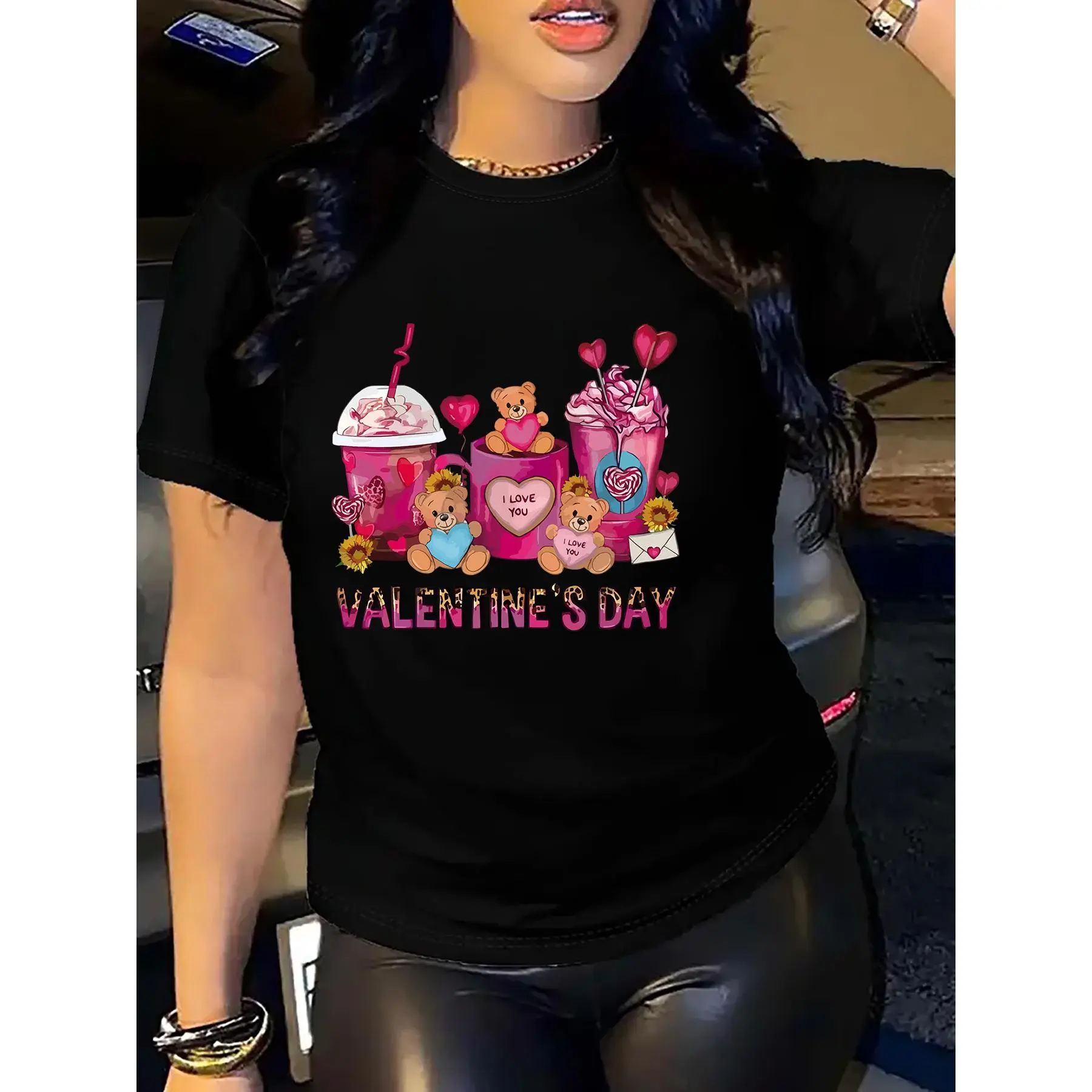 Valentine's Day Women's Short-Sleeve Cotton Knit T-Shirt - Cute Romantic Round Neck Top with Heart & Teddy Bear Print, Machine Washable Durable Fabric, Comfortable Spring Fall Outfits, Party & Date Gift Idea, Shortsleeve, Tops, Valentines Day, Regular Fit