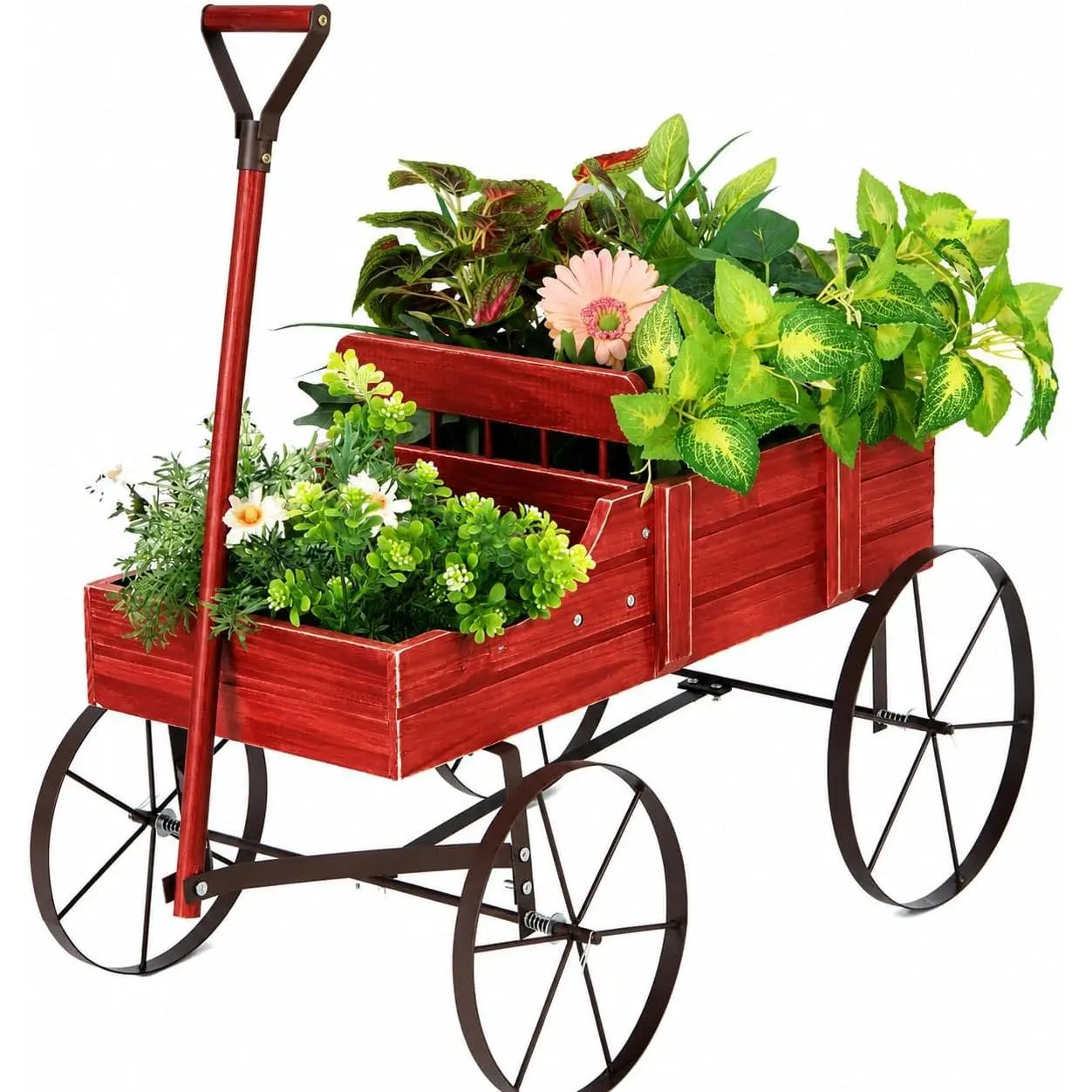 Wood Wagon Planter, Outdoor Garden Flower Planter Cart with Wheels, Small Decorative Wood Raised Bed Plant Pot Box Stand for Backyard, Patio, Balcony, Red