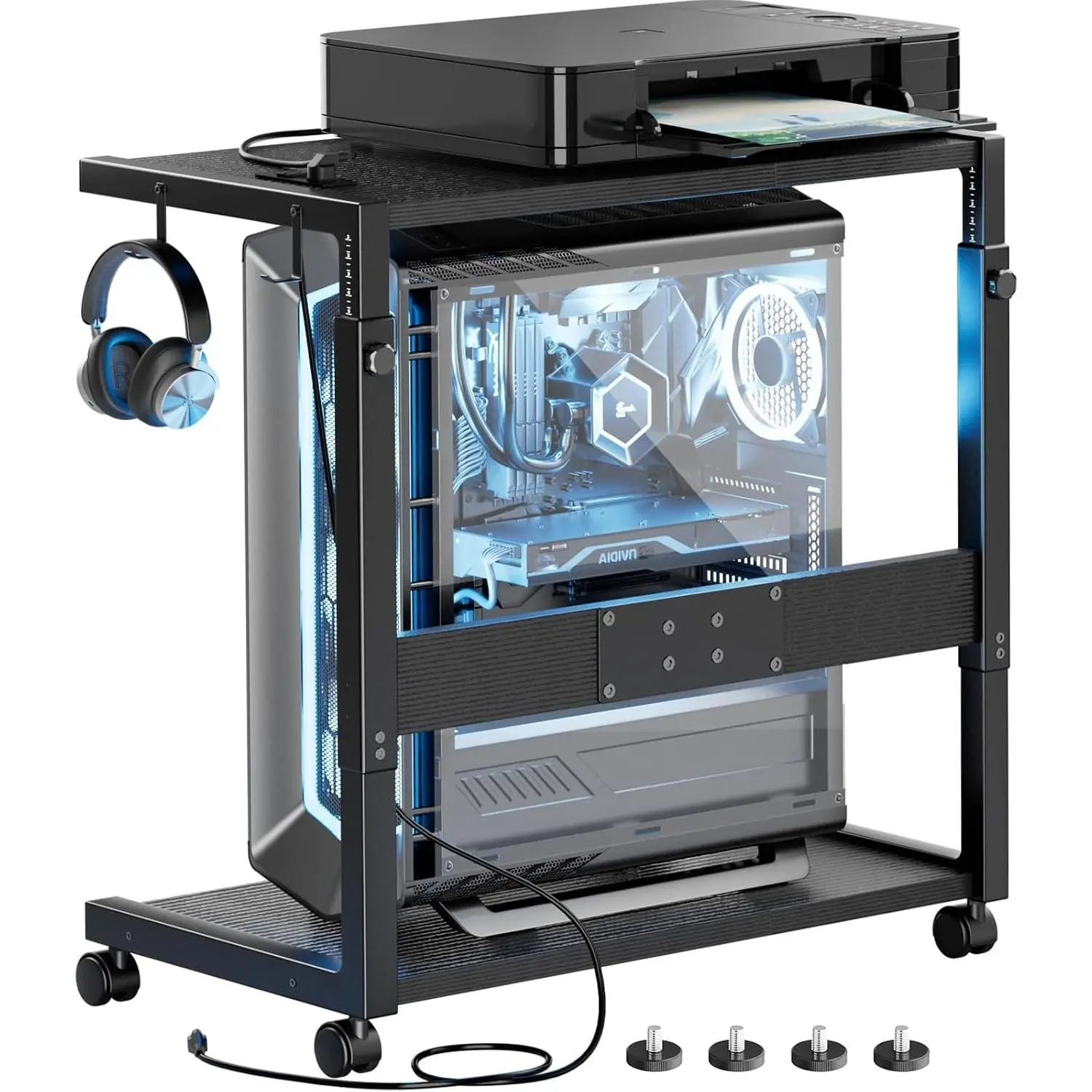 Adjustable Computer Tower Stand with Charging Station CPU Holder with Wheels for Home Office Gaming, Upgraded Larger Size 25.9" to 34.9" Height
