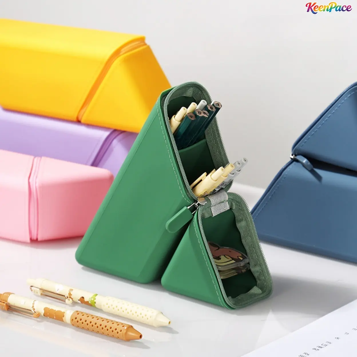 100% Food-Grade Silicone Triangular Pen Holder - Solid Color, Foldable, Expandable, Compact, Large-Capacity, Waterproof, Portable Desk Organizer for Stationery, Office Use,back to school,back to school haul