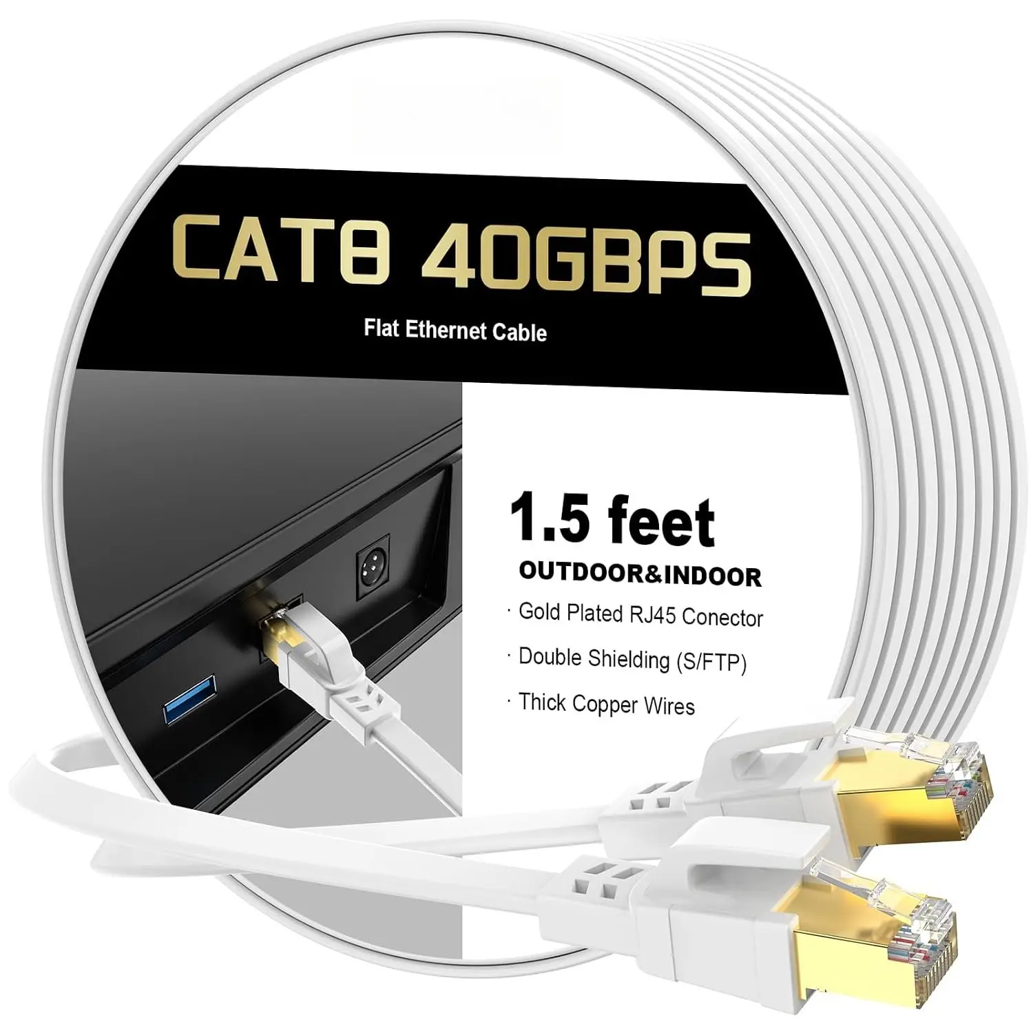 8 Ethernet  1.5 ft, Heavy Duty High Speed Cat8 LAN Network , 40Gbps 2000MHz RJ45 Flat Internet  Patch Cord, Weatherproof S/FTP  for Gaming/Router/Modem,Outdoor&Indoor