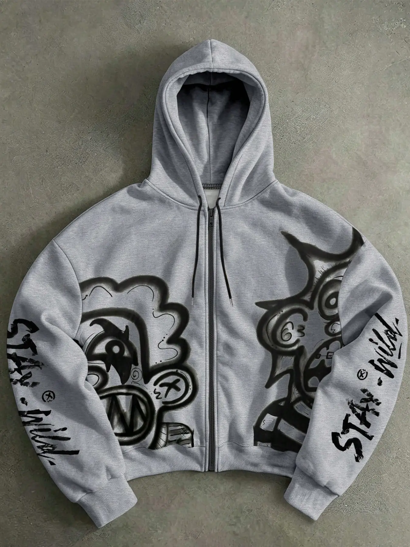 Men's graffiti monster print short zip-up hoodie, loose-fitting Casual street art print Y2K street style hooded jacket