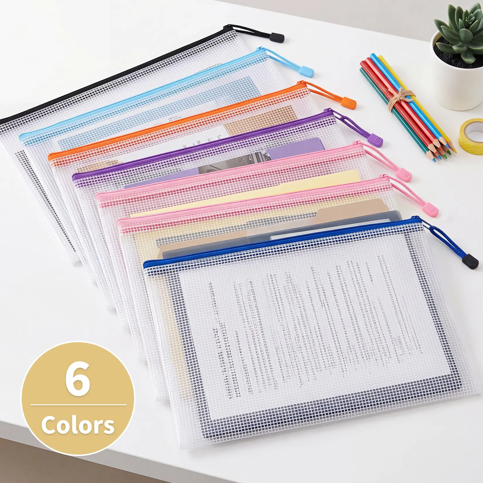 48 Pack A3 Mesh Zipper Pouch Bags, 6 Colors Clear PVC Zipper Pouches, 16.9"x11.6" Waterproof Document Organizer, Storage Bags for School, Office,back to school,back to school shopping