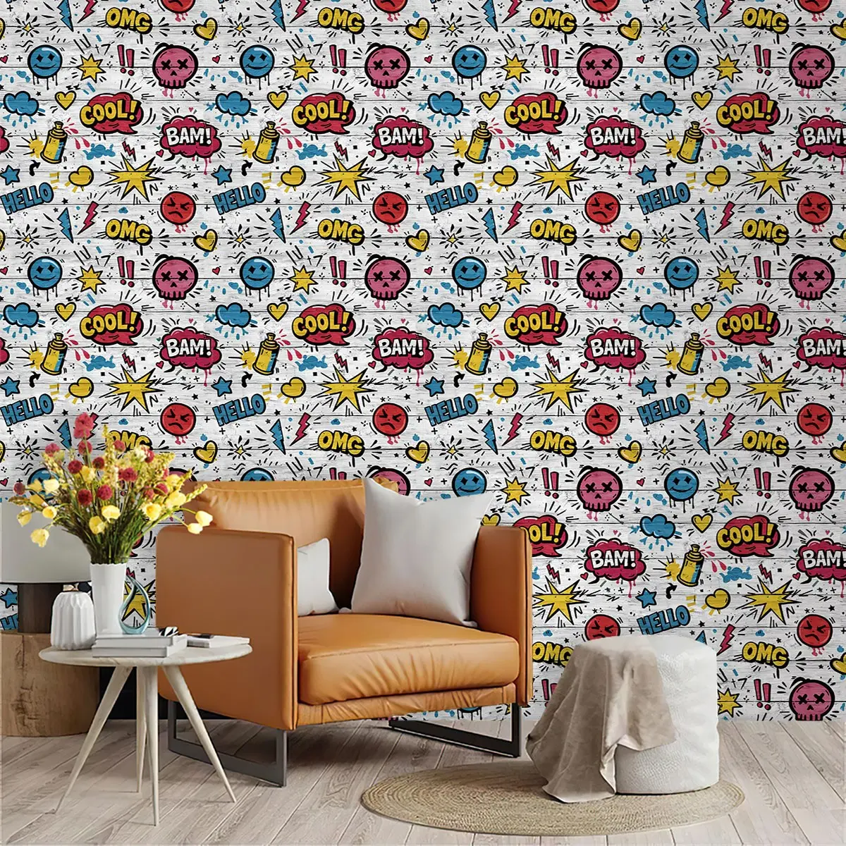 American Pop Art Graffiti Wallpaper, Stars Lightning Hearts Skulls, Blue, PVC Adhesive, Living Room Kitchen Bedroom Decor