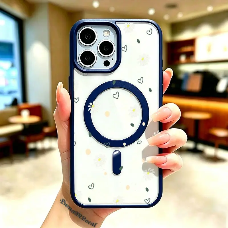Smartphone Casing T1259 - Tiny White Daisy & Neutral Heart Ditsy Print, Transparent Acrylic Magnetic, Shockproof Handheld Device Protection Case for iPhone 17 E Air Pro ProMax, 16, 15, 14 Plus, 13, 12, 11, X, XS, XR