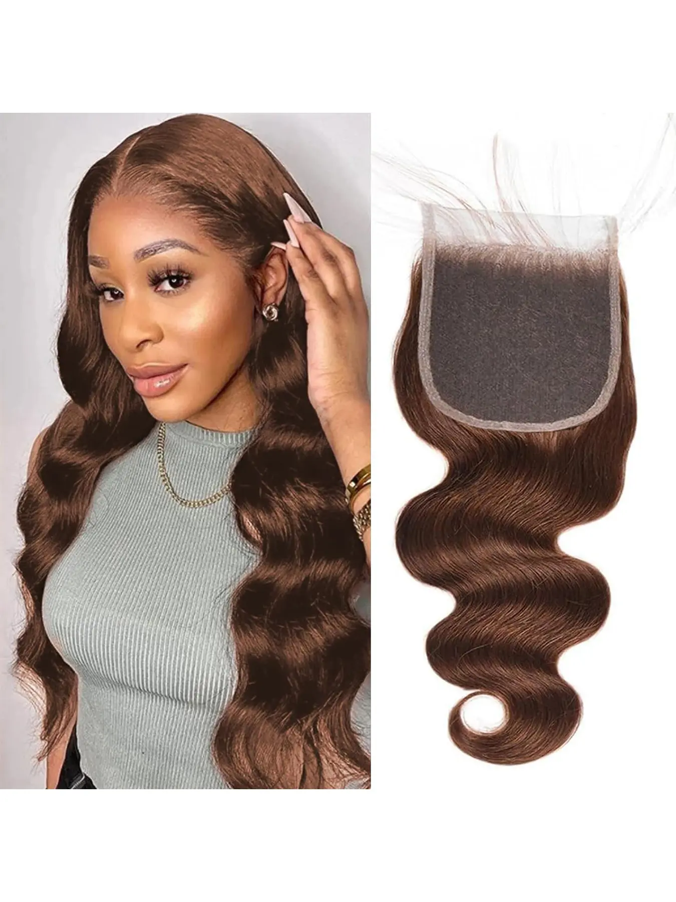 Brown Closure Human Hair 4# Chocolate Brown Lace Front Closure Body Wave Transparent Lace 4 By 4 Pre Plucked Free Part 100% Unprocessed Brazilian Virgin Human Hair Frontal Lace Closure