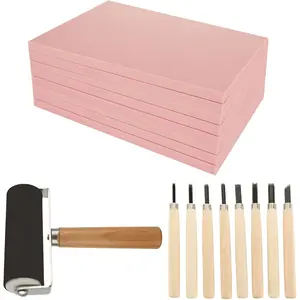 10 Pack Rubber Stamp Making Kit Linoleum Block Printing Carving Tools Set with 8 Assorted Blades, 8 Pink Rubber Carving Blocks & Rubber Brayer Roller