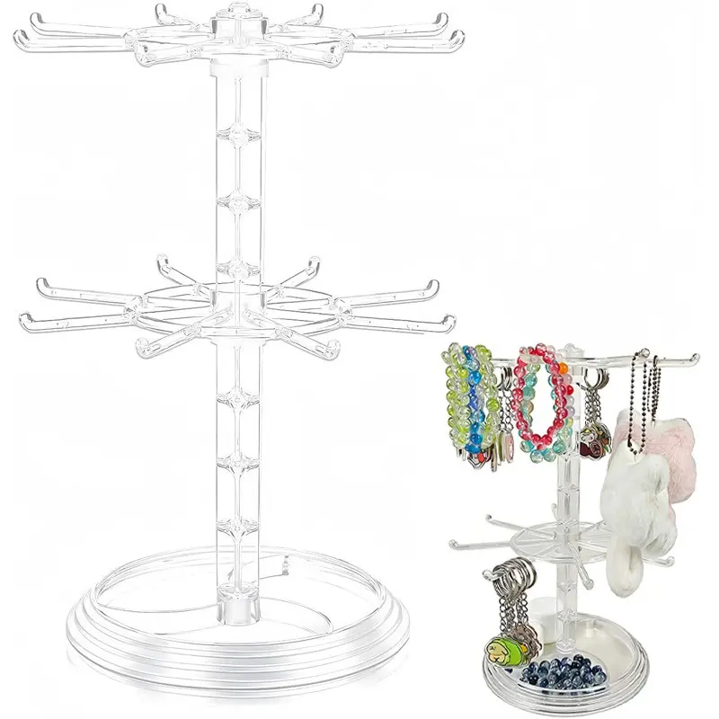 2-Tier Bracelet Display Stand, Transparent 360° Rotatable Necklace Rack, Clear Organizer Keep all your storage neatly organized for clear visibility. This stylish circular counter jewelry holder stores necklaces, bracelets, earrings, rings and watches.