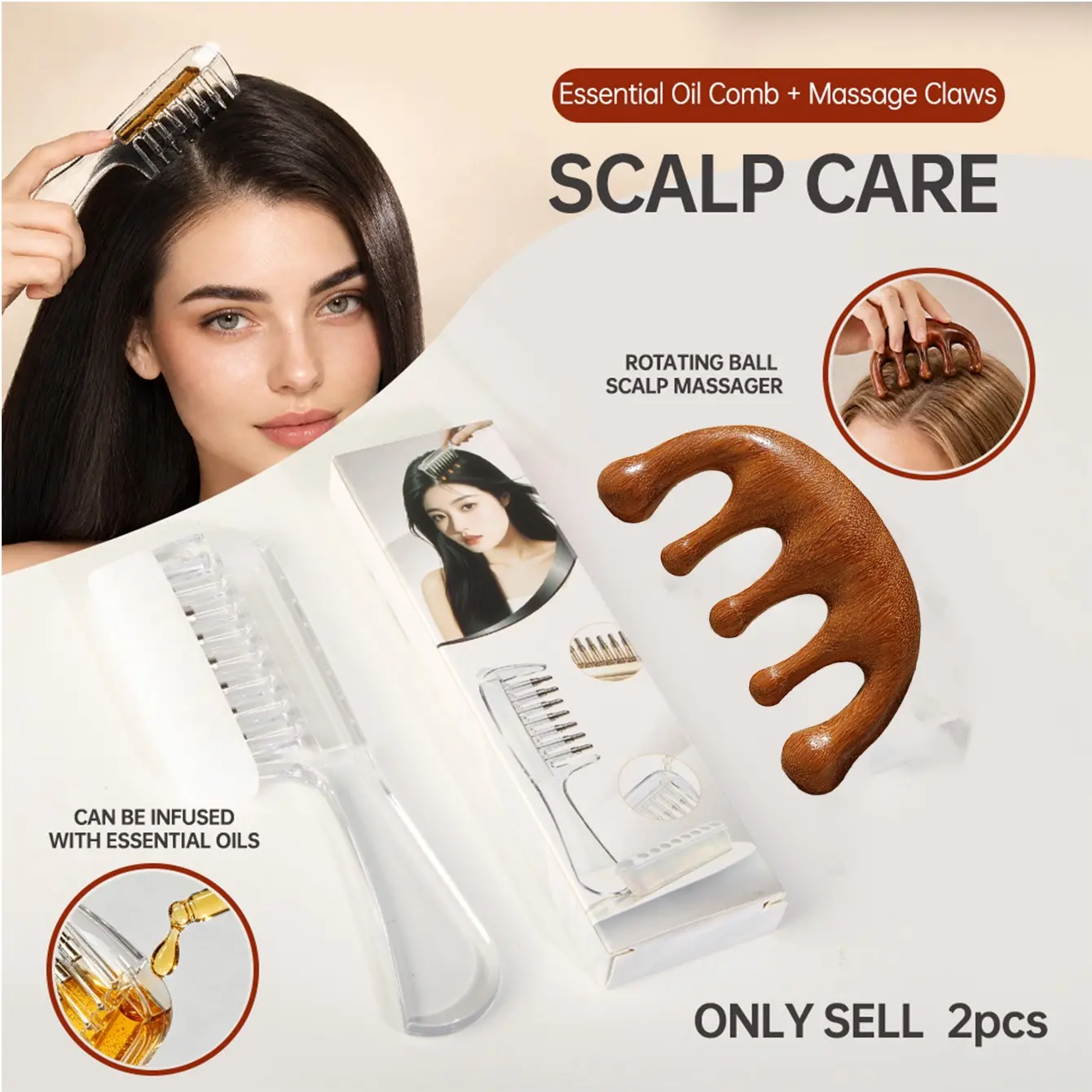 Multi-Functional Scalp Care 2-Piece Set, Transparent Oil Comb, Wooden Five-Tine Massage Brush, Hair Root Nourishment Tool Kit, Home Personal Care