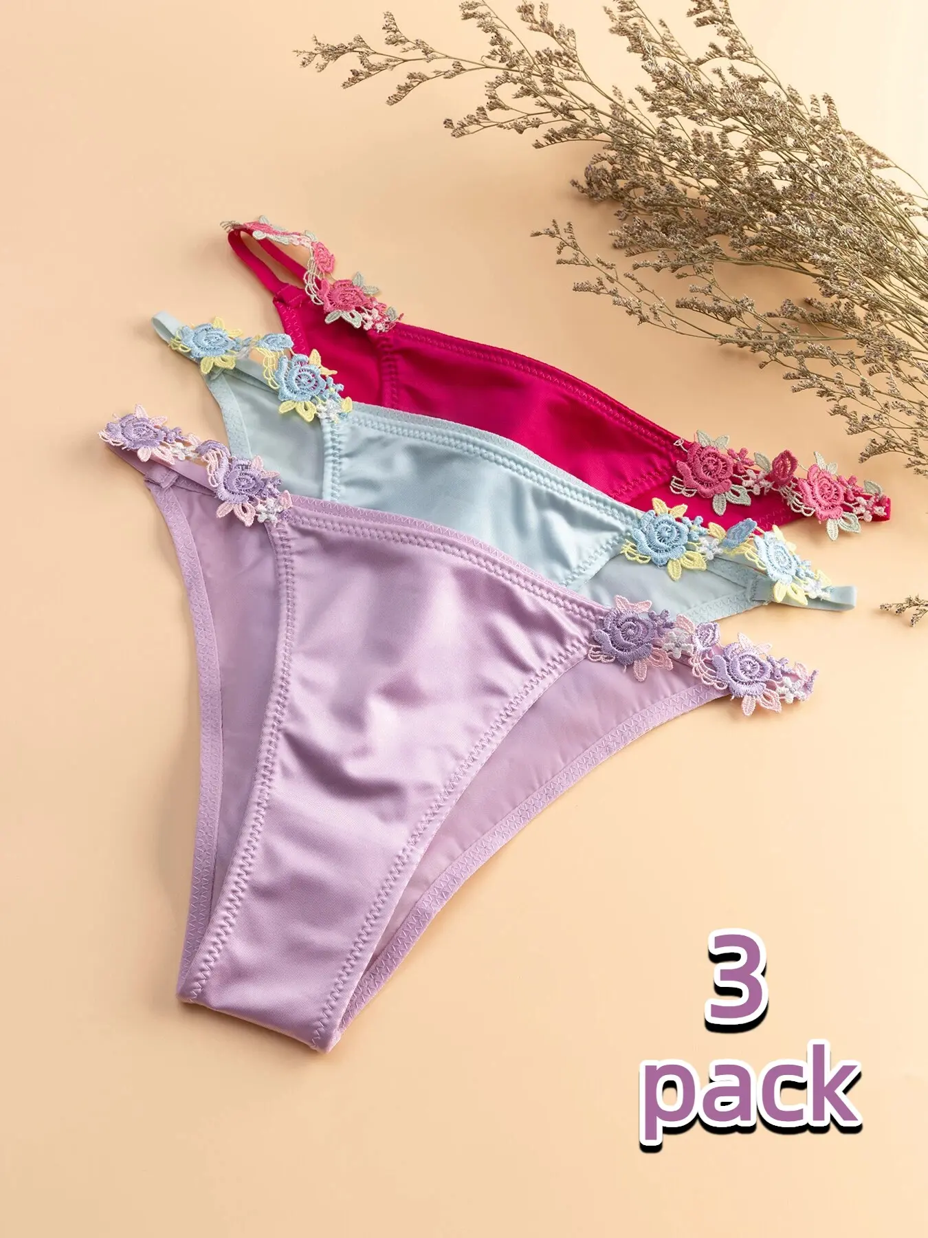 Embroidered Floral Low-Waist Bikini Bottom Underwear for Women, Luxurious Satin Smooth Comfortable Breathable Triangle Panties, Fashionable Summer Set of 3
