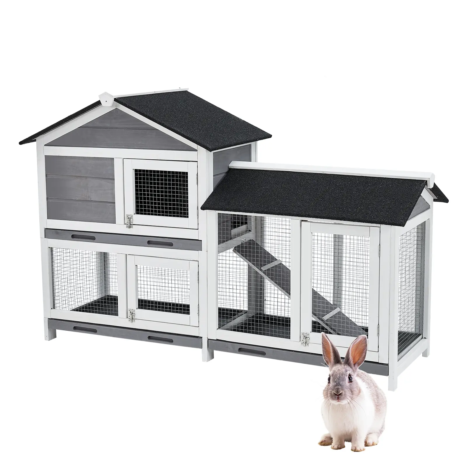 2-Tier Rabbit Hutch with Leak-Proof Trays – Waterproof Wooden House for Indoor/Outdoor, Easy-Clean Removable Tray for Bunnies & Chickens