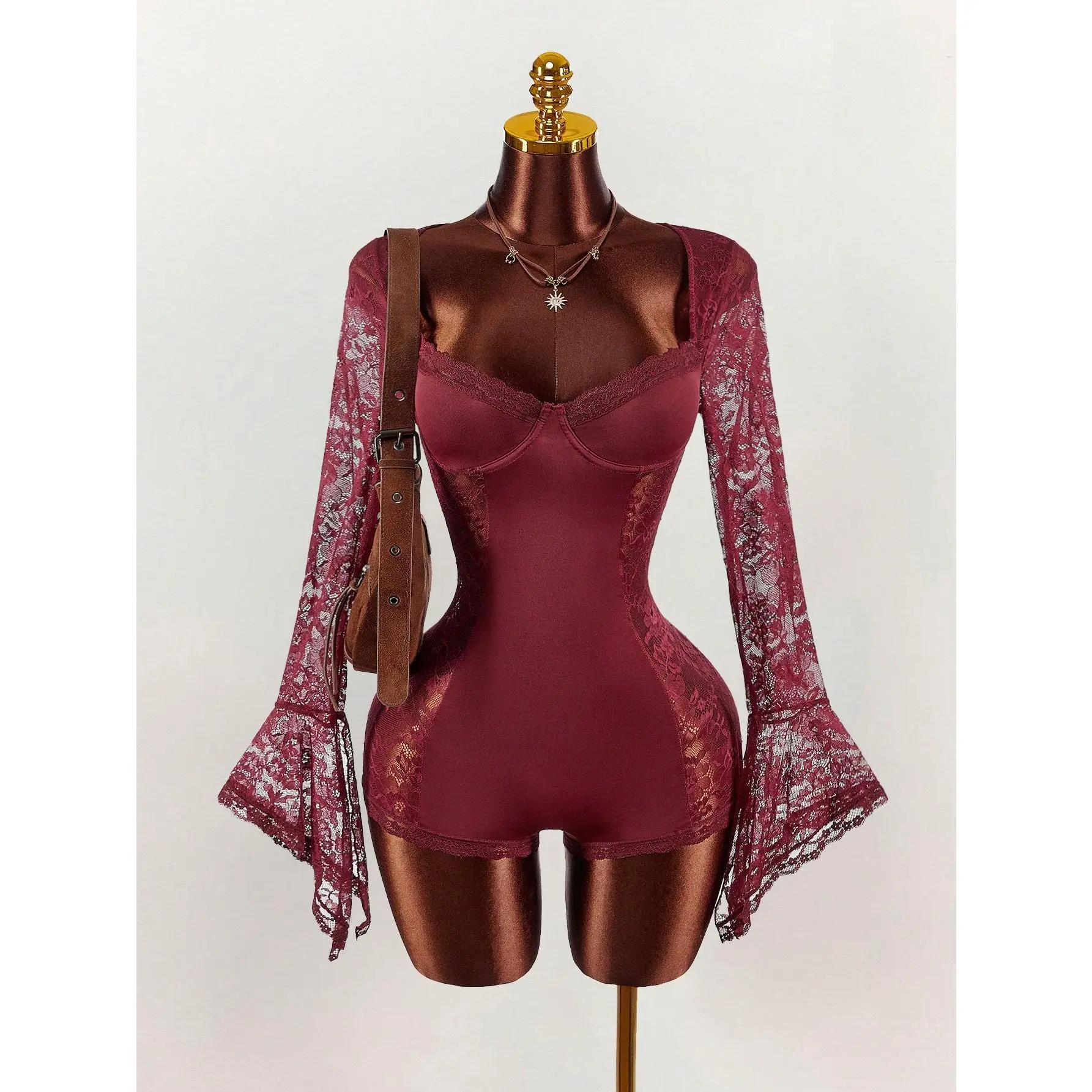 Women's 2000s Fall Contrast Lace Waist Red Cinching Spaghetti Strap Bodysuit With Long Flare Sleeves And Sheer Side