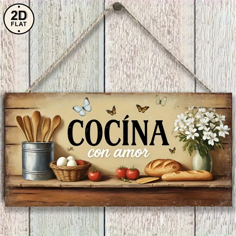 2D Panel, Spanish Cooking Quote Cocina con Amor, Rustic Style Kitchen Wall Decor with Hooks for Home, Cafe, Restaurant, Vintage Wooden Sign, Farmhouse Decoration, Easy to Install Kitchen Ornament, Decorative Wall Art, Farmhouse Wall Art, Decoration Items