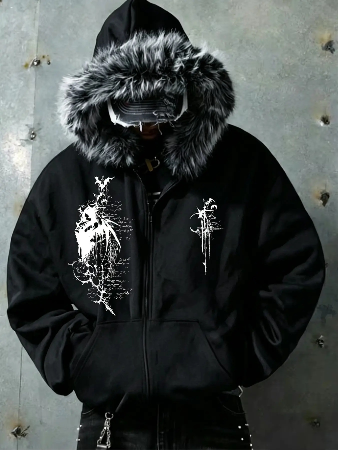 Dark Gothic Style Hooded Zipper Sweatshirt for Men, Devil Thorn Cross Print, Loose-Fit Street Fashion Outerwear, Trendy Casual Jacket, Casual Streetwear Hoodies